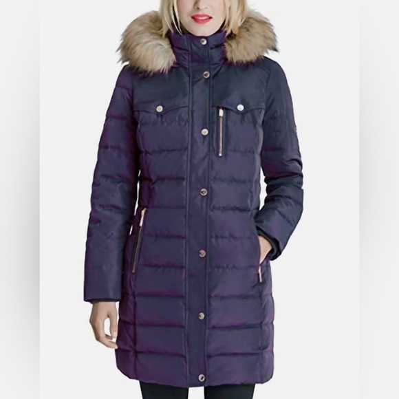 NEW Michael Kors Faux Fur Trim Hooded Down Fill Puffer Jacket In Navy - XS - Picture 1 of 4